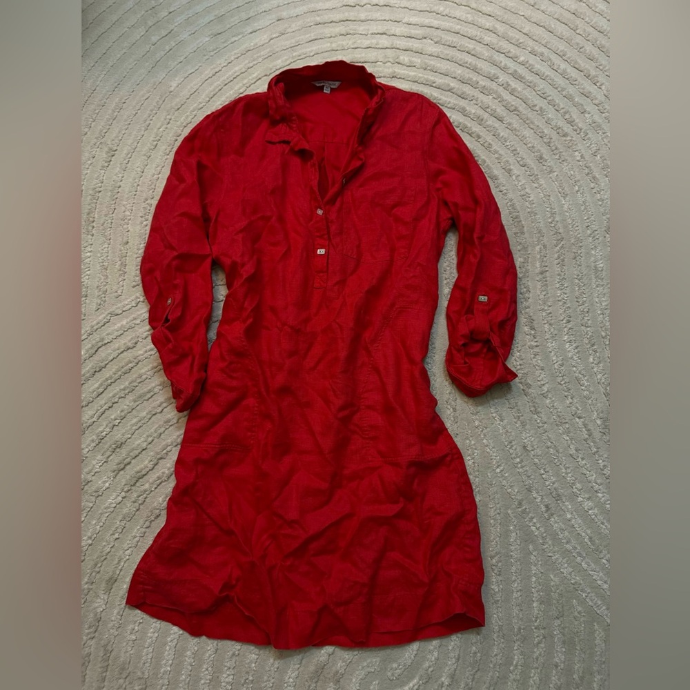 Red Long-Sleeved Short Linen Dress